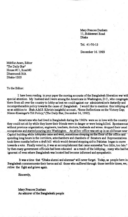 1993 mfd letter to Dhaka Daily Star re BD Lib War support
